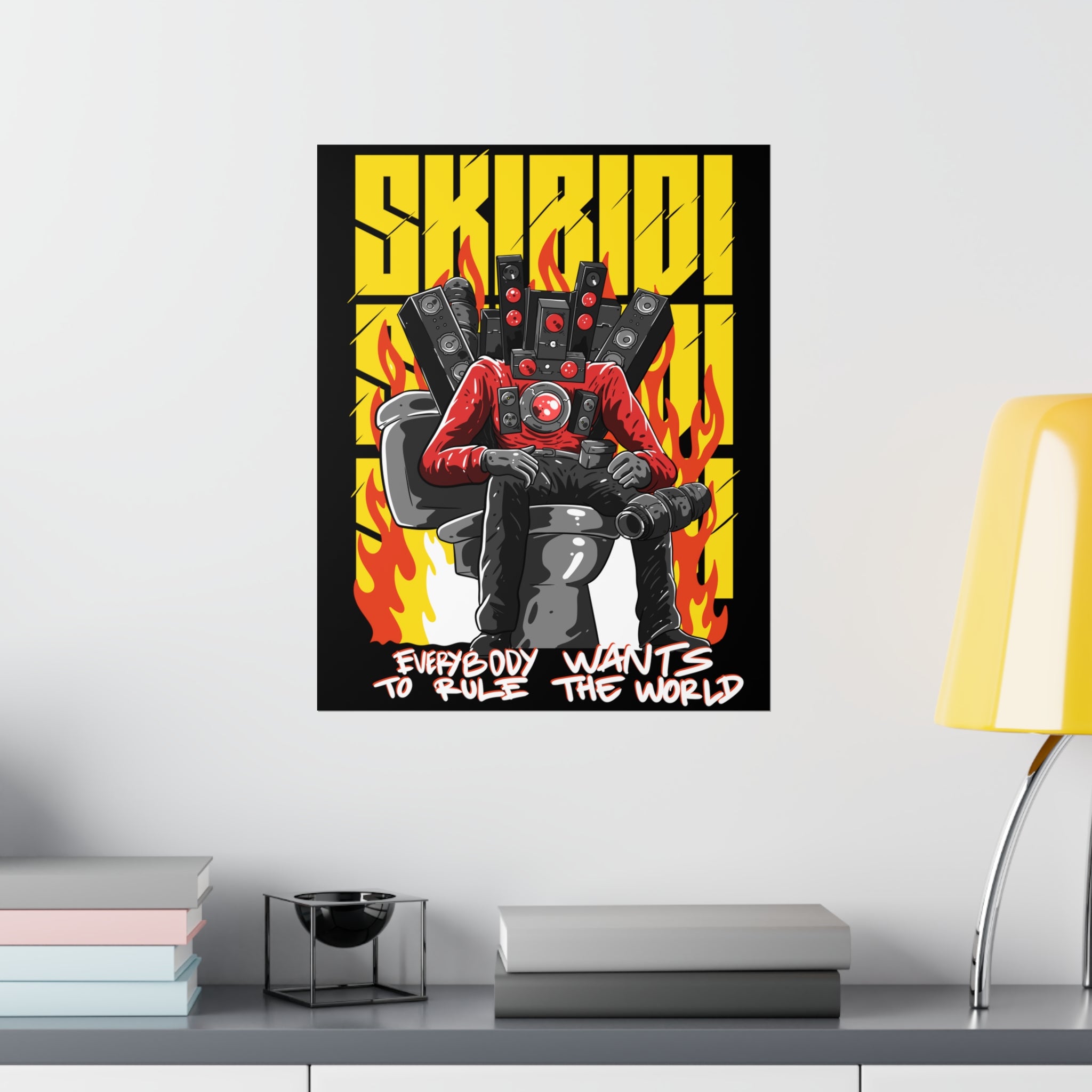 Titan Speakerman on fiery throne poster The Titan To Rule The World Poster on mocked over lamp and desk