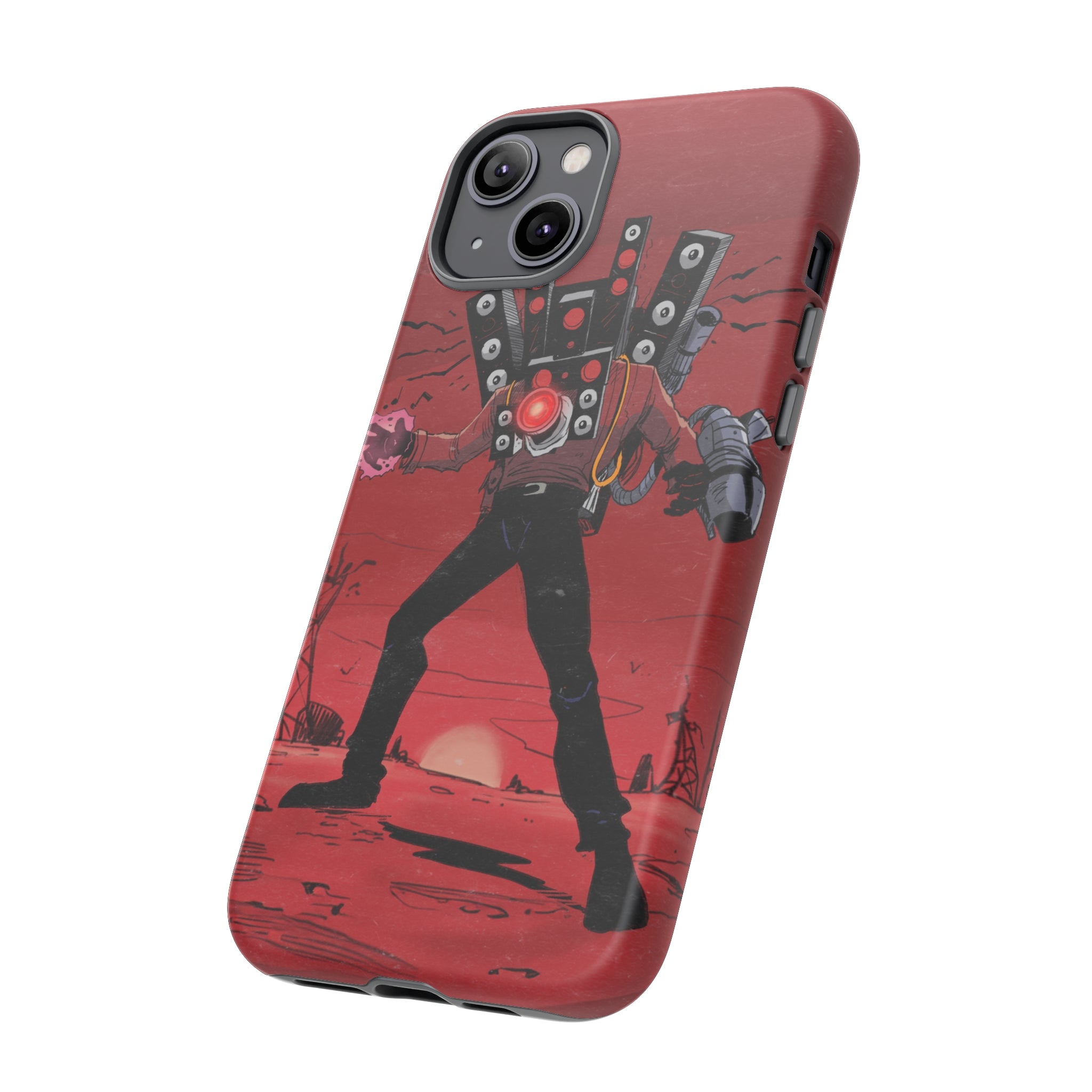 Red phone case featuring Titan Speakerman graphic.