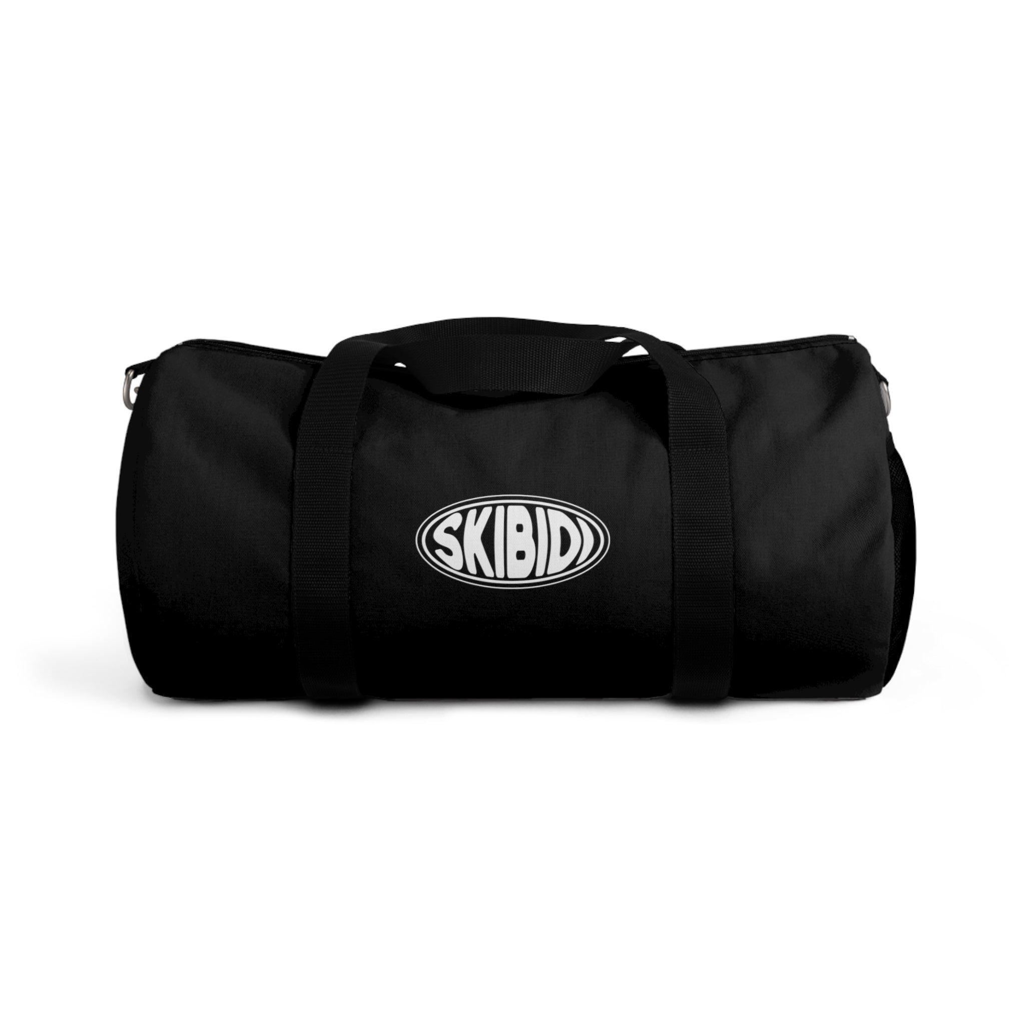 black duffle bag with minimalist white skibidi toilet oval emblem