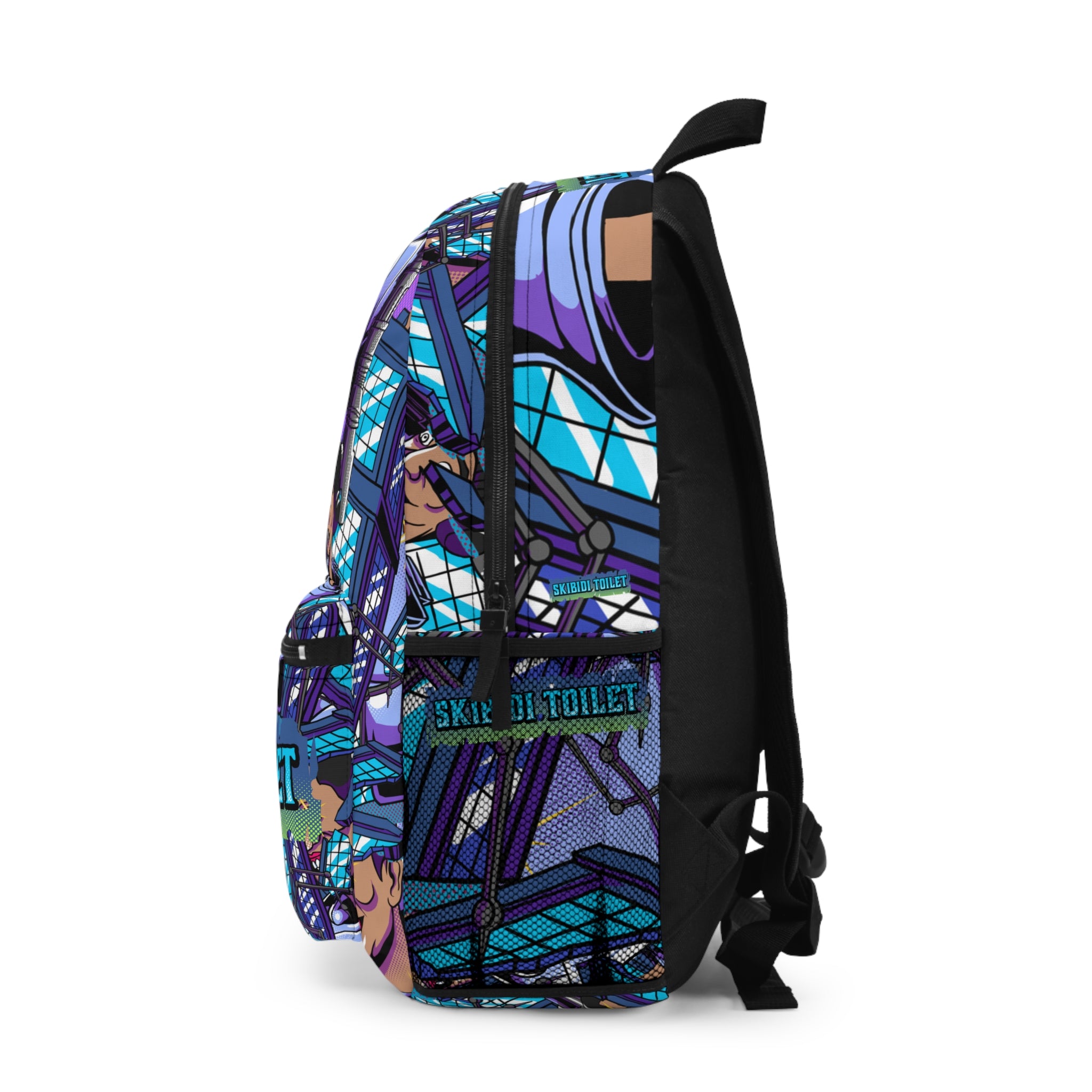 side view of Skibidi toilets Miami-themed backpack, dafuq!?boom!