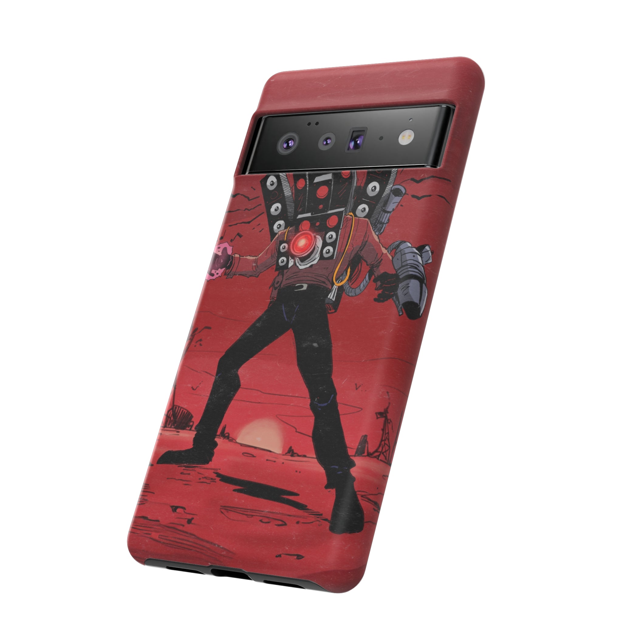 Red phone case featuring Titan Speakerman graphic.