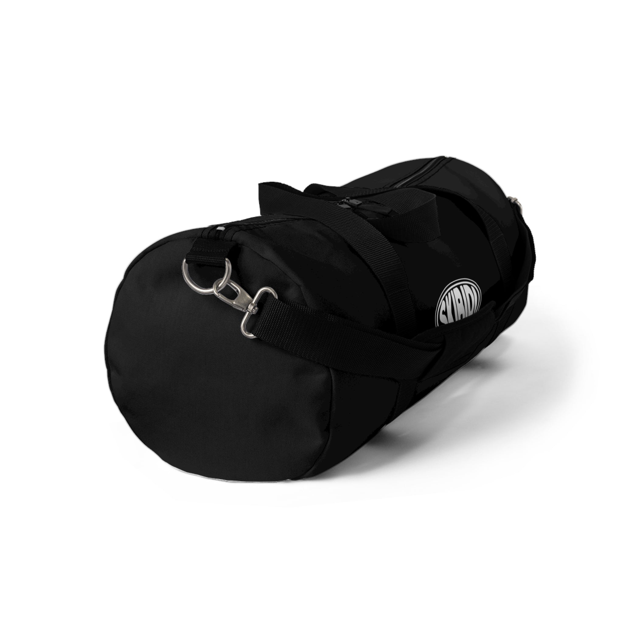 black duffle bag with minimalist white skibidi toilet oval emblem side view