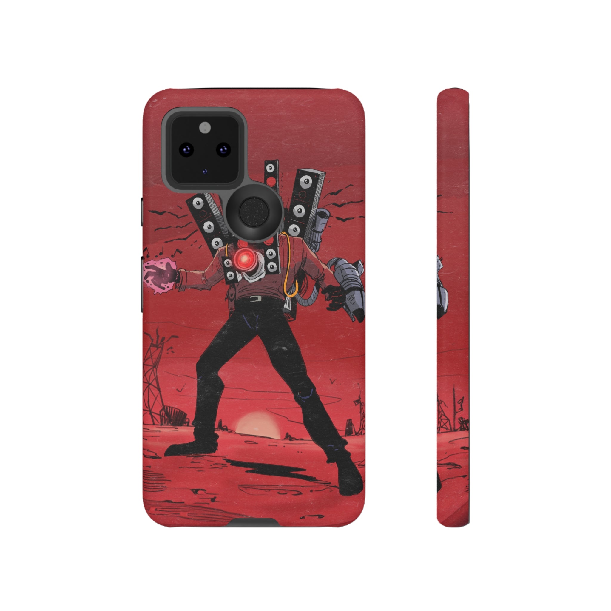 Red phone case featuring Titan Speakerman graphic.