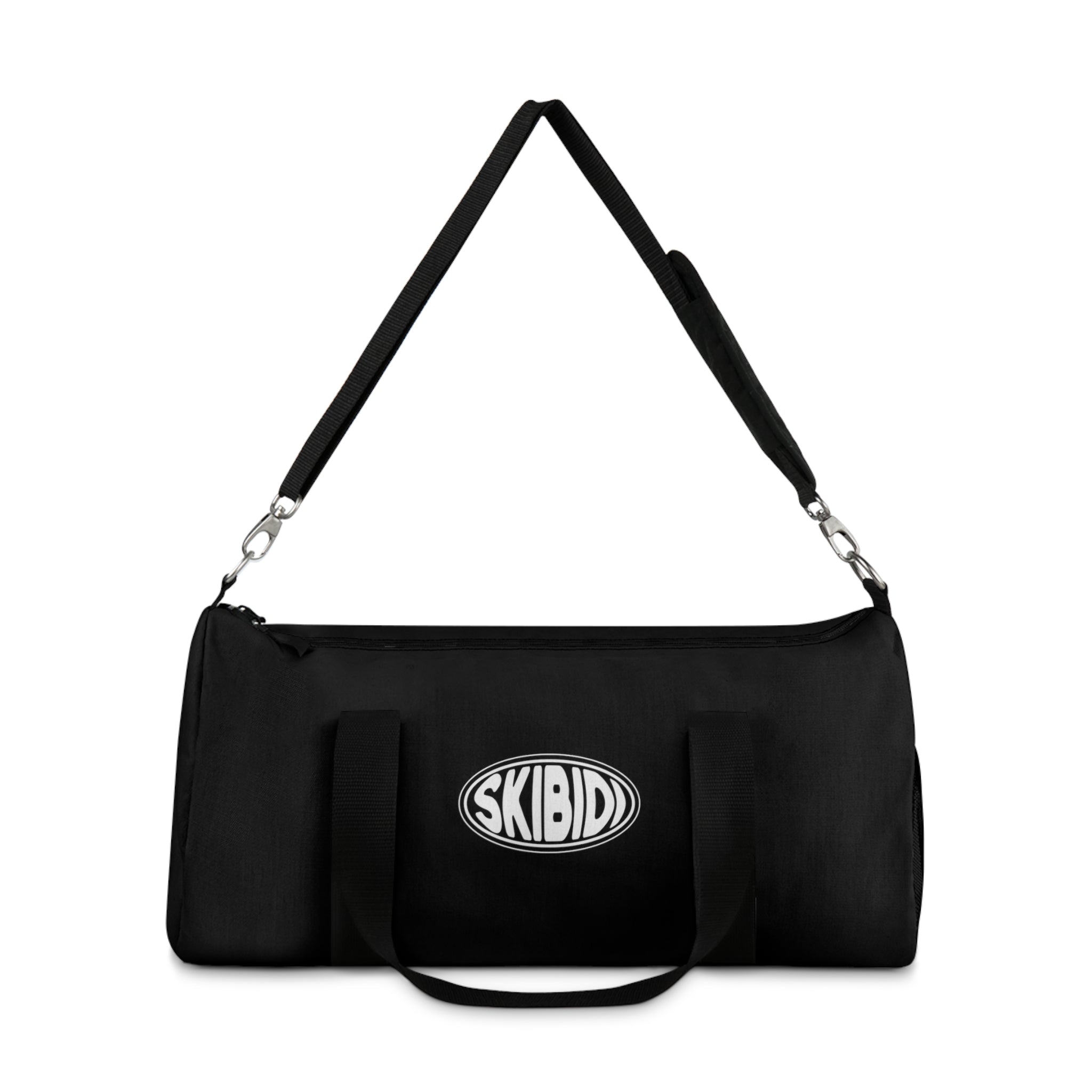 black duffle bag with minimalist white skibidi toilet oval emblem strap raised