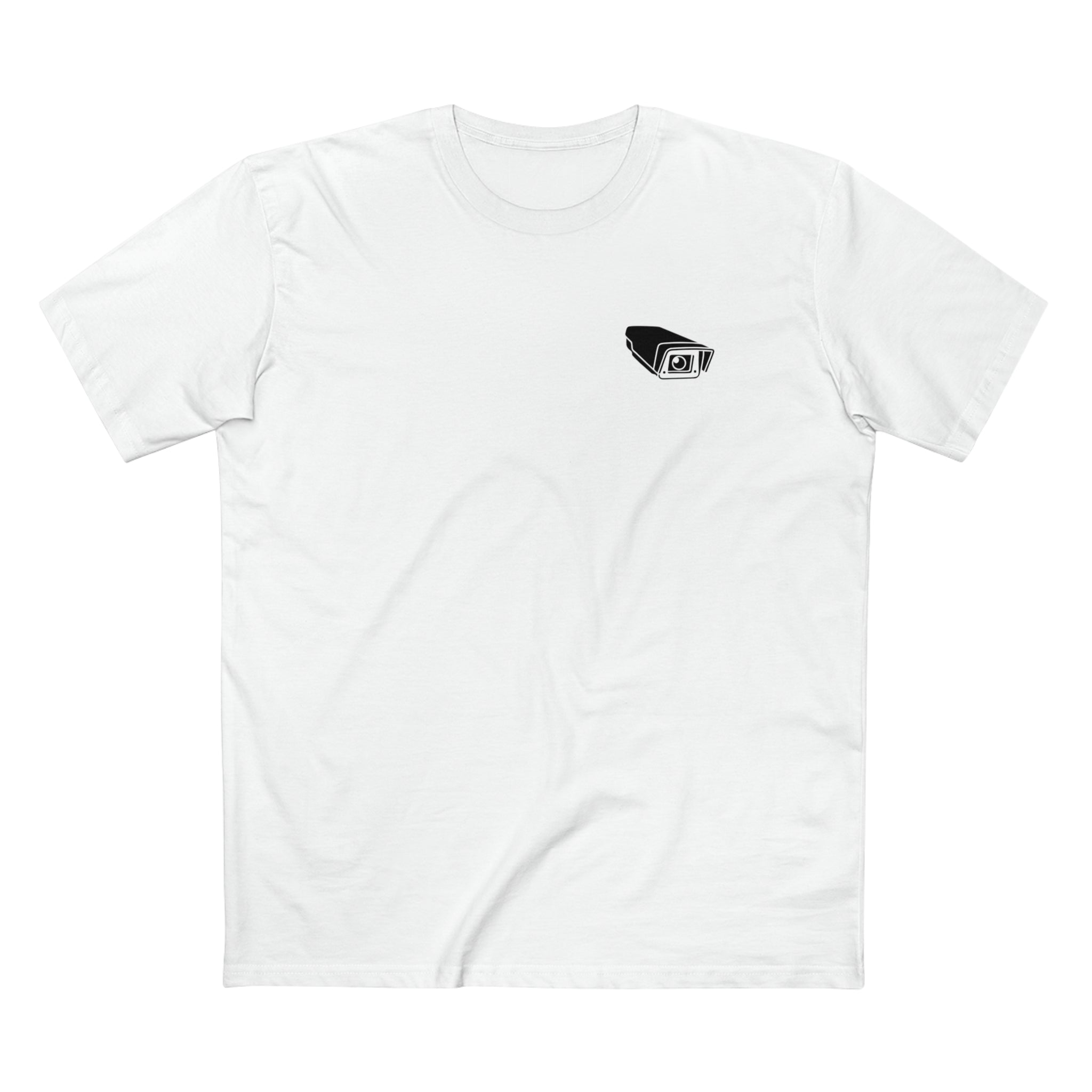 Camera Tee with camera lens logo breast hit White Tee on White background