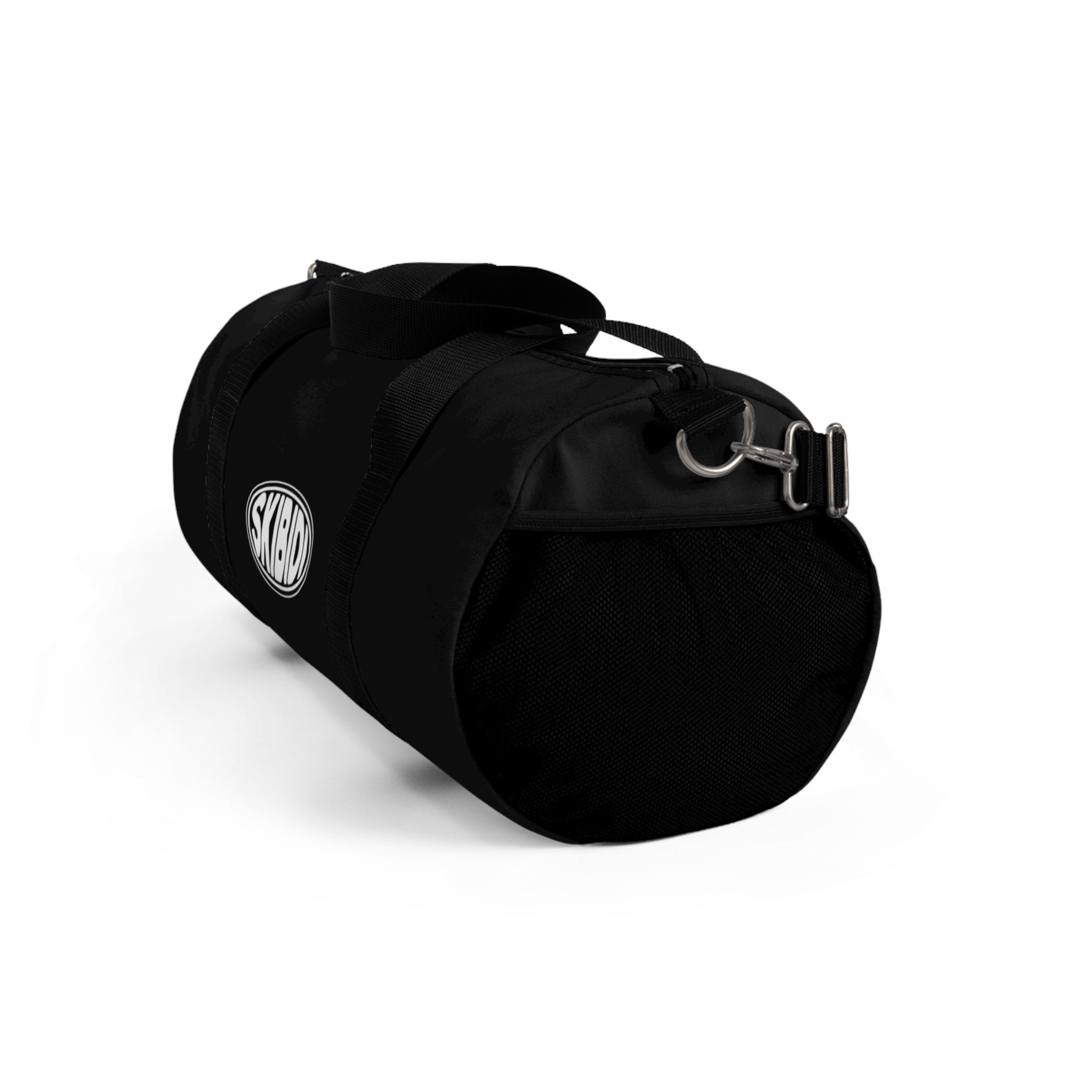 black duffle bag with minimalist white skibidi toilet oval emblem side view with pocket