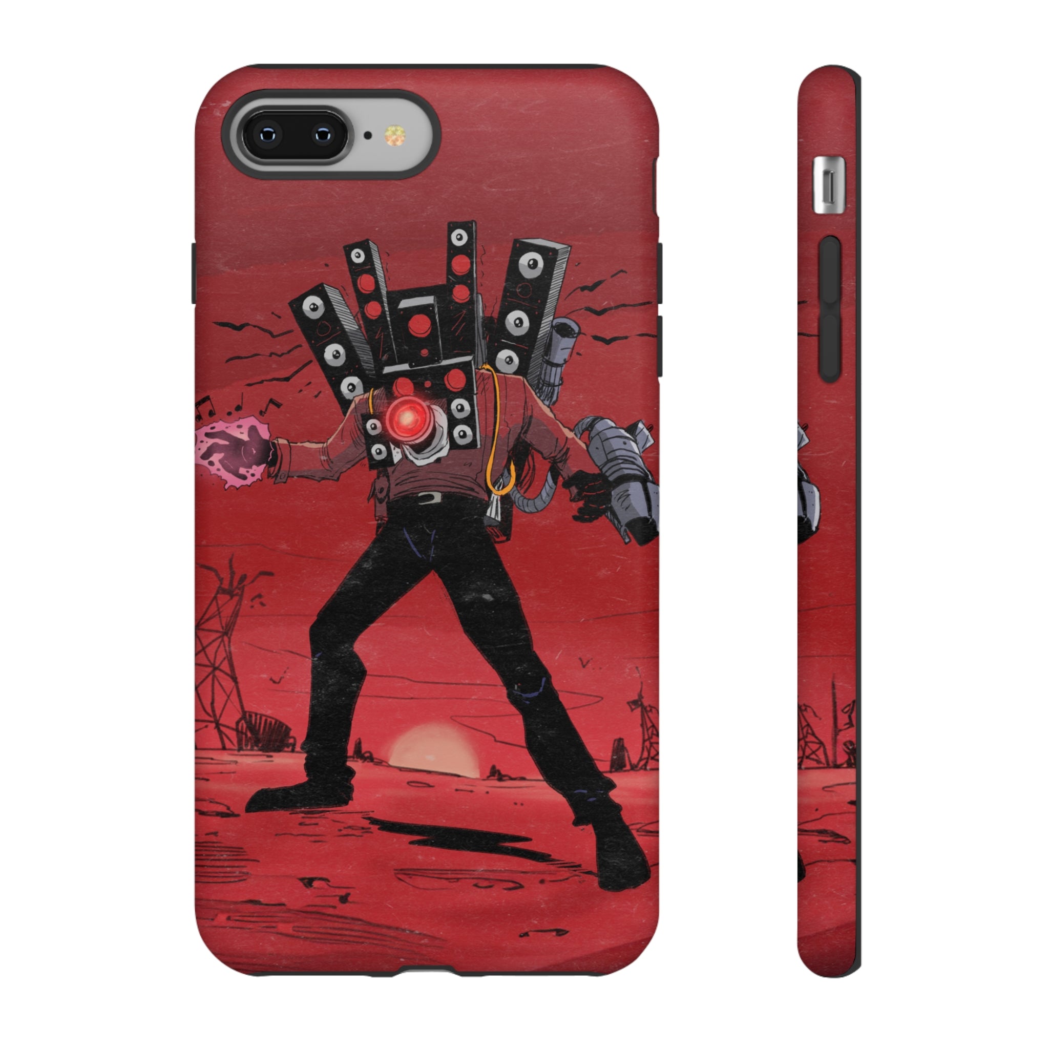 Red phone case featuring Titan Speakerman graphic.