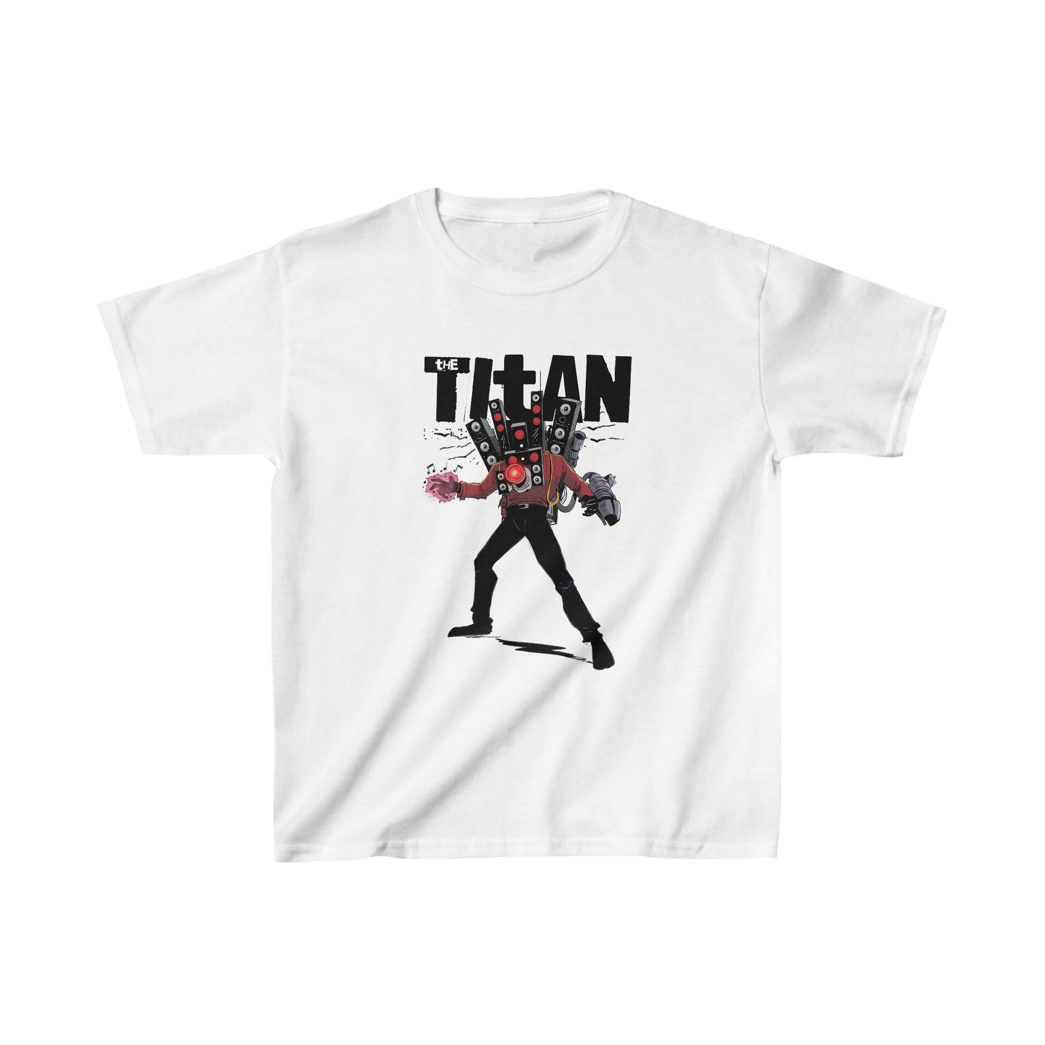 Youth-sized white tee featuring a bold Titan Speakerman illustration.