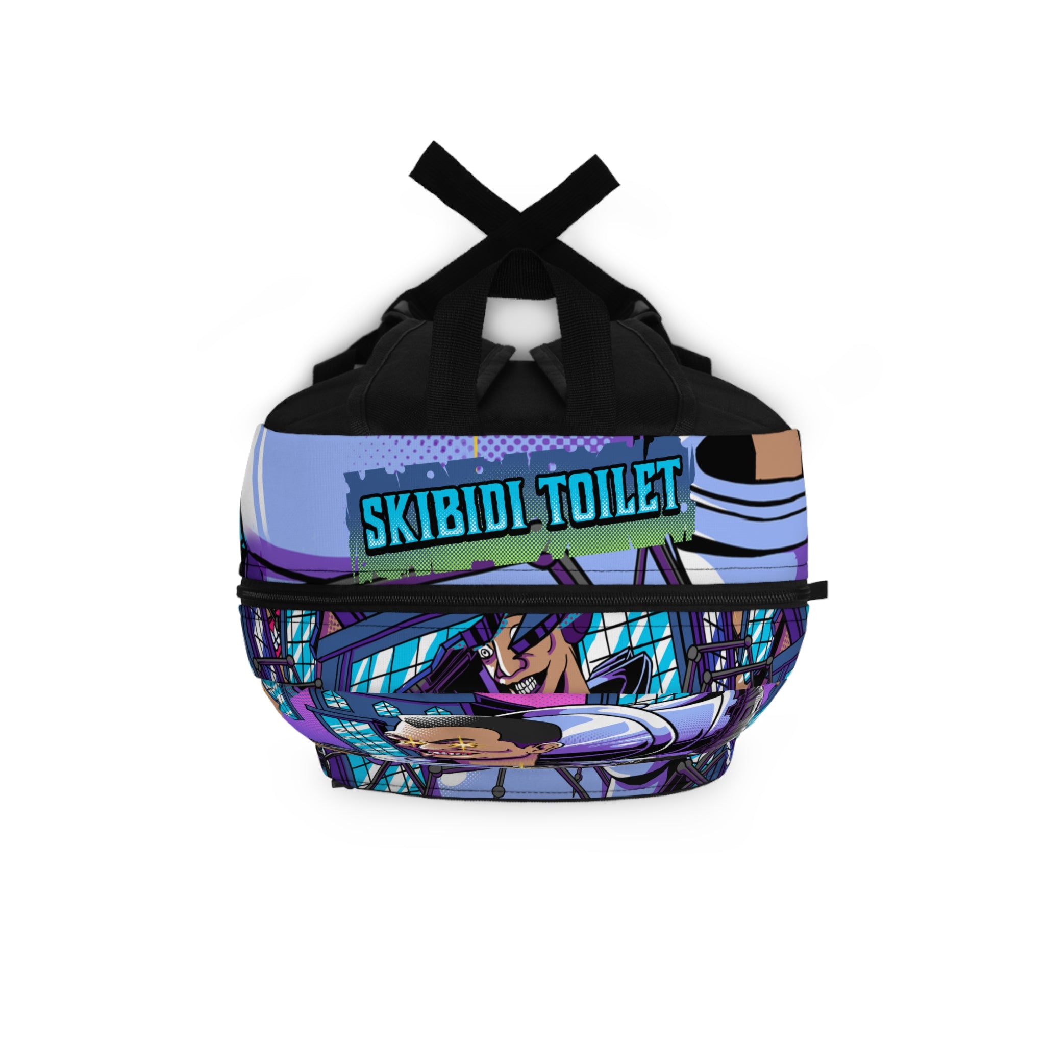 top view of Skibidi toilets Miami-themed backpack, dafuq!?boom!